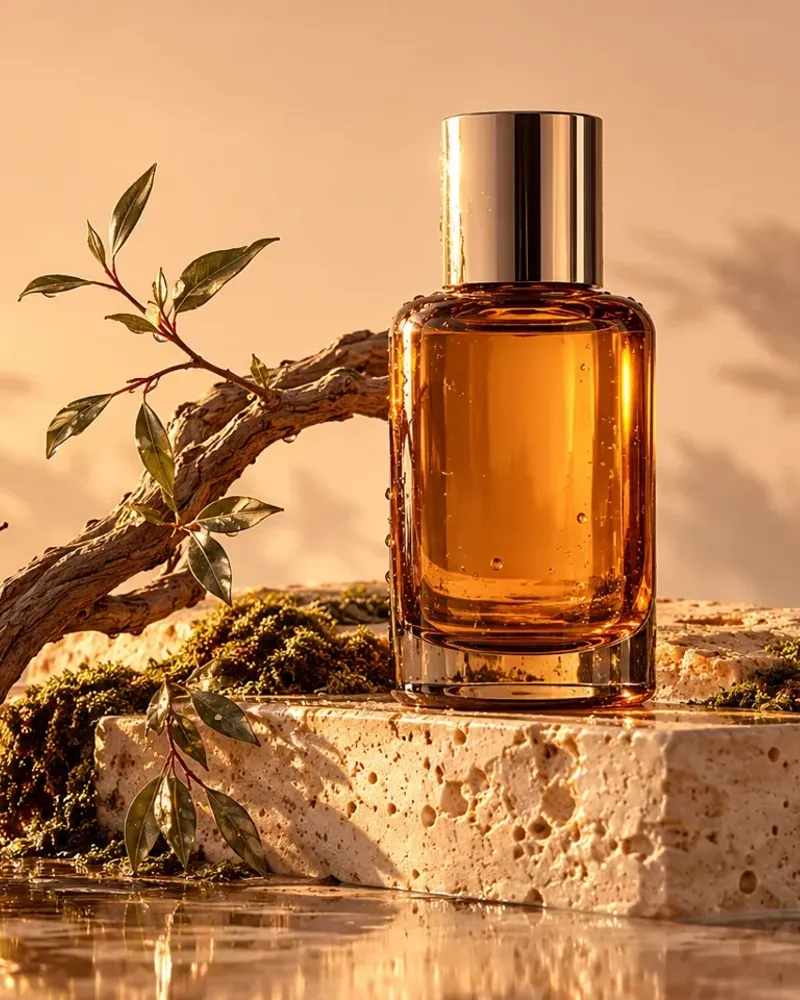 Amber fragrance art direction with botanical details and warm sunlight