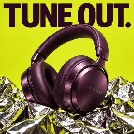 Metallic headphones against an electric lime product campaign background