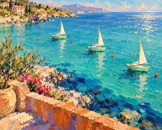 Expressive painted coastal illustration with turquoise sea and small sails